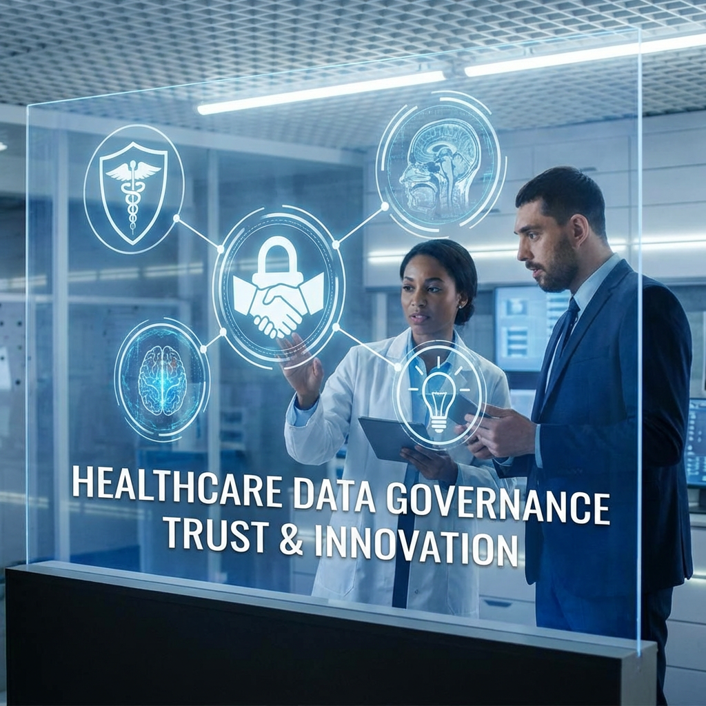 Professionals viewing a digital screen with text: HEALTHCARE DATA GOVERNANCE TRUST & INNOVATION.