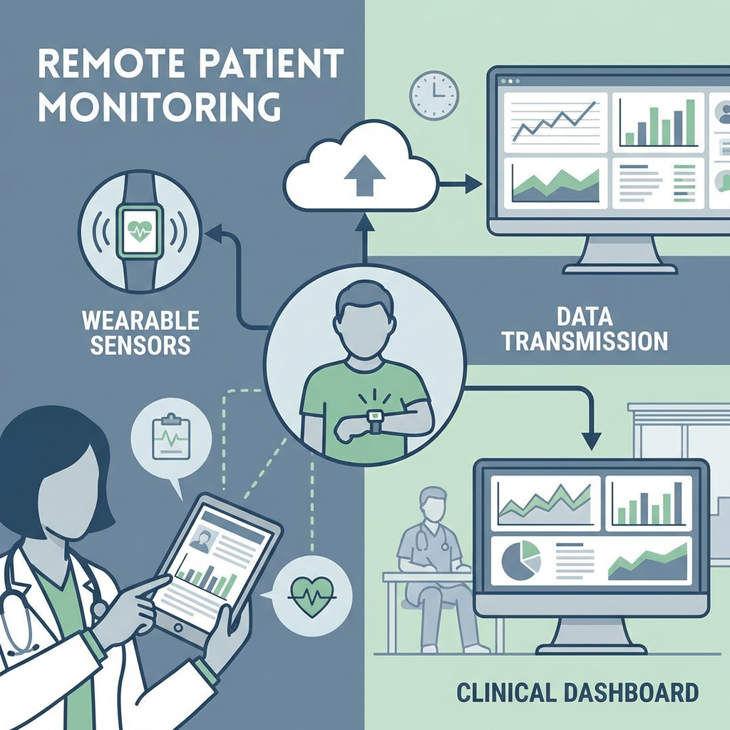 Infographic titled Remote Patient Monitoring showing wearable sensors, data transmission, and clinical dashboards.
